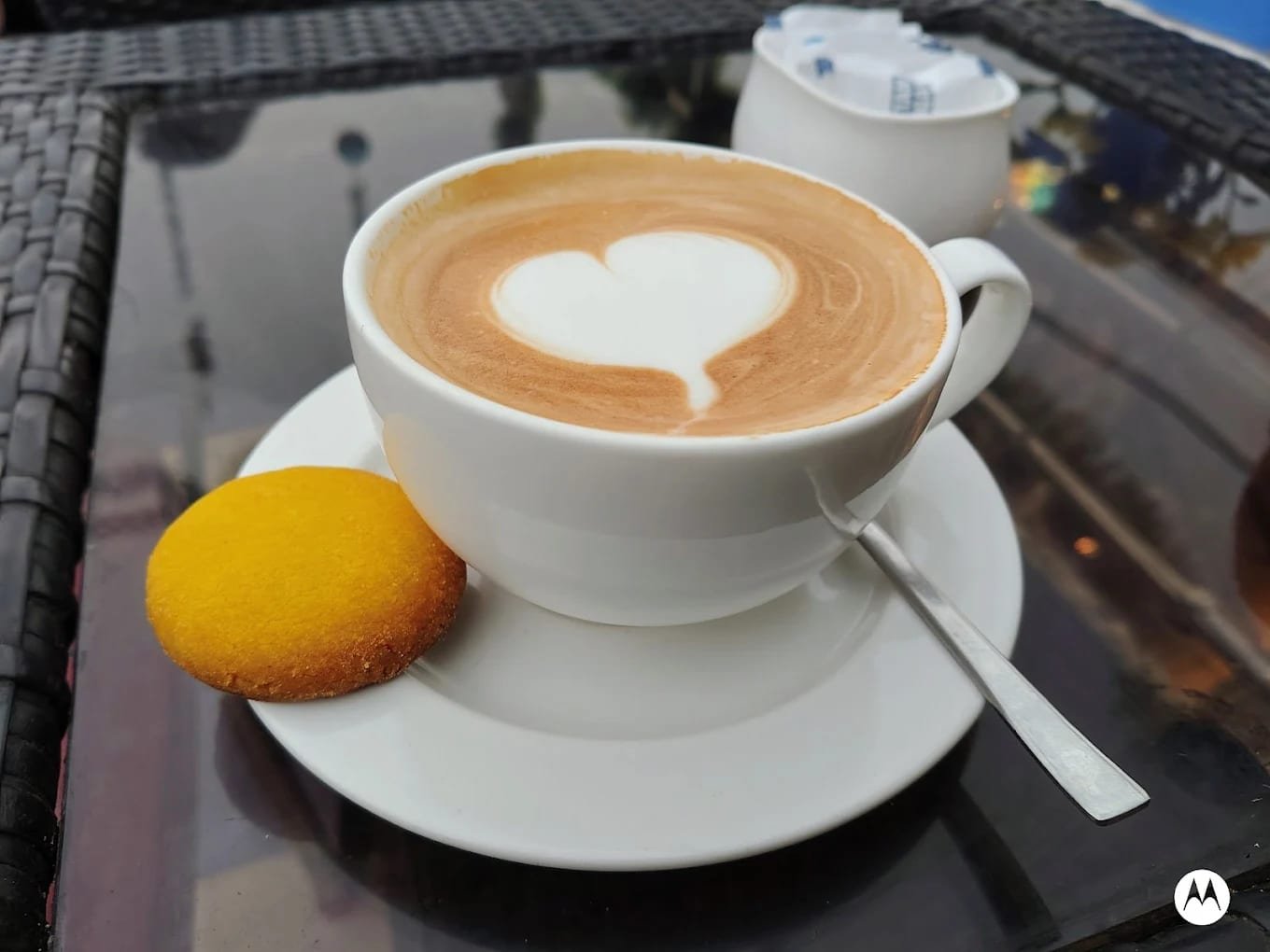 Cappuccino with a yellow biscuit on the rooftop