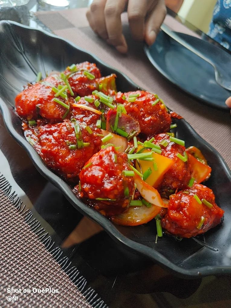 Plate of saucy Manchurian garnished with spring onion